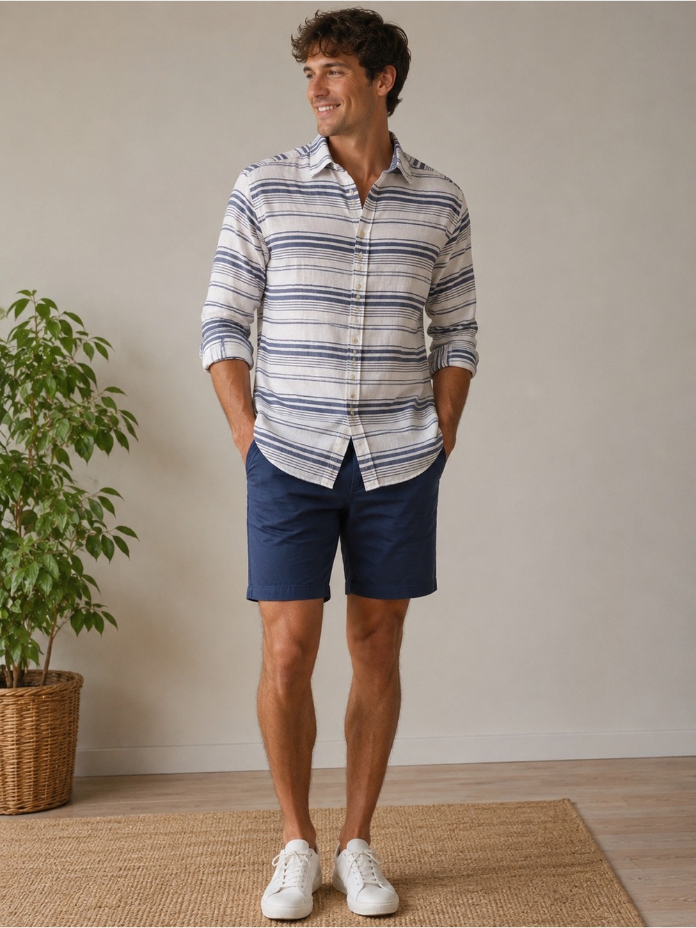 Tommy Hilfiger Cotton Linen Striped Button Down Shirt Men’s Large Blue White